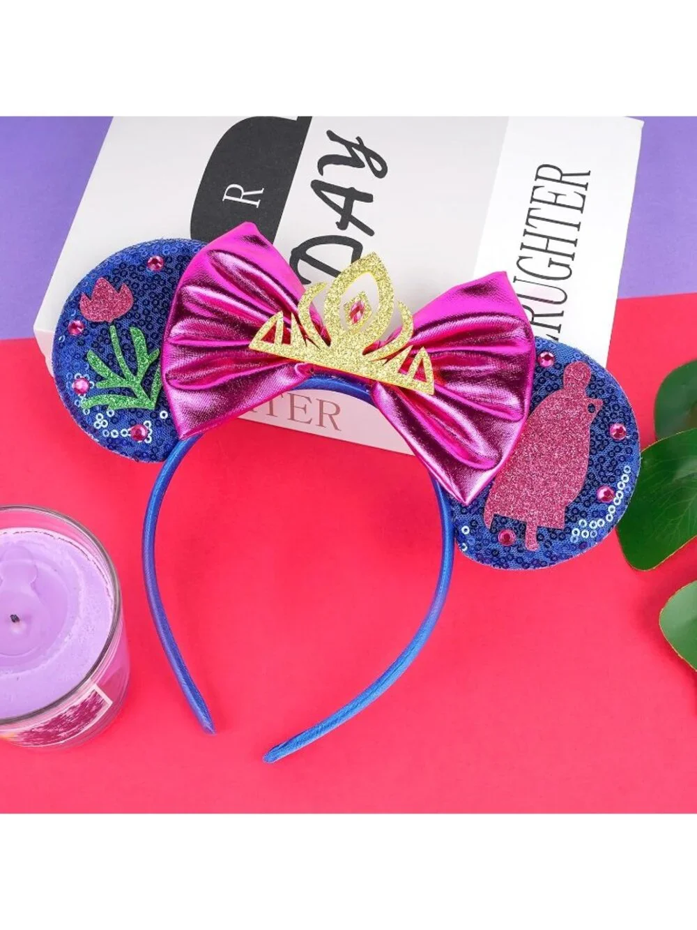 Women Gold Pink Sequin Handmade Mickey Mouse Headband 2 Pieces